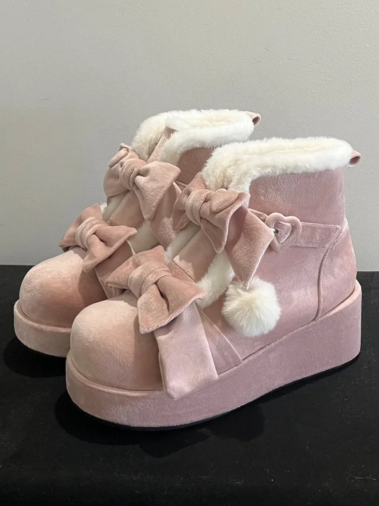 - Lolita Sweet Platform Boots Pompon Winter Charm Pink