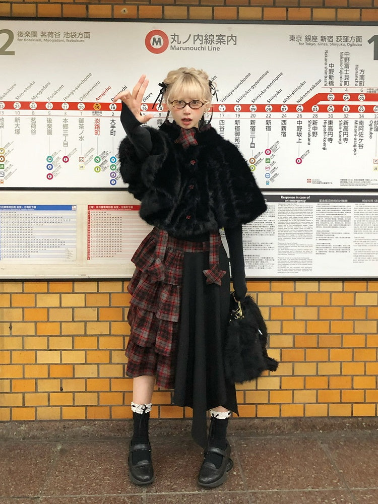 Wool Kawaii Plaid Black Skirt Bittersweet Tiered Red