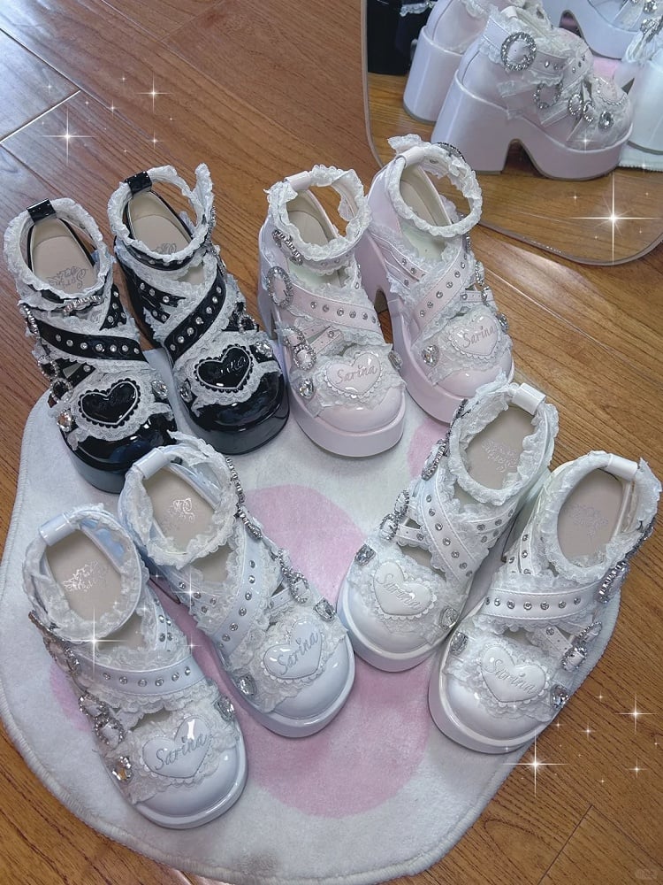 Absatz Weiß mit Spitzenbesatz Jirai Cross Toe Kei Strap Round Block Plateauschuhe: und Chunky