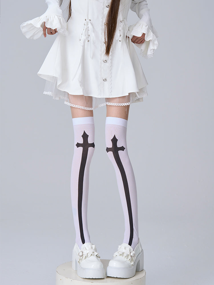 Black/White Print Cross Stockings Over Knee