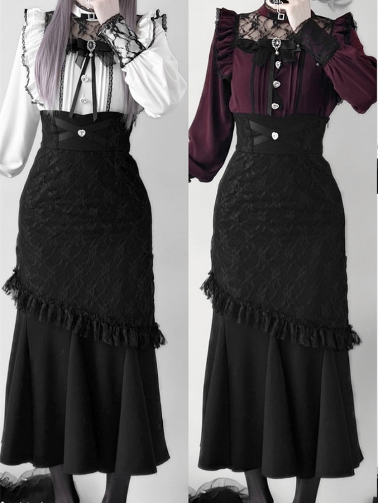 Blouse with White Illusion Neckline Pleating Details Jirai Kei Bow Tie