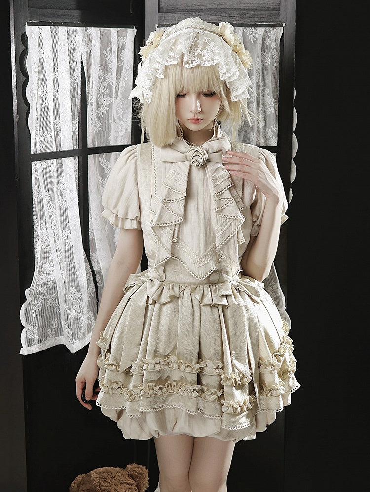 Puff Sleeve Sweet Blouse with Rose Bow Tie in Beige - Unknown Star