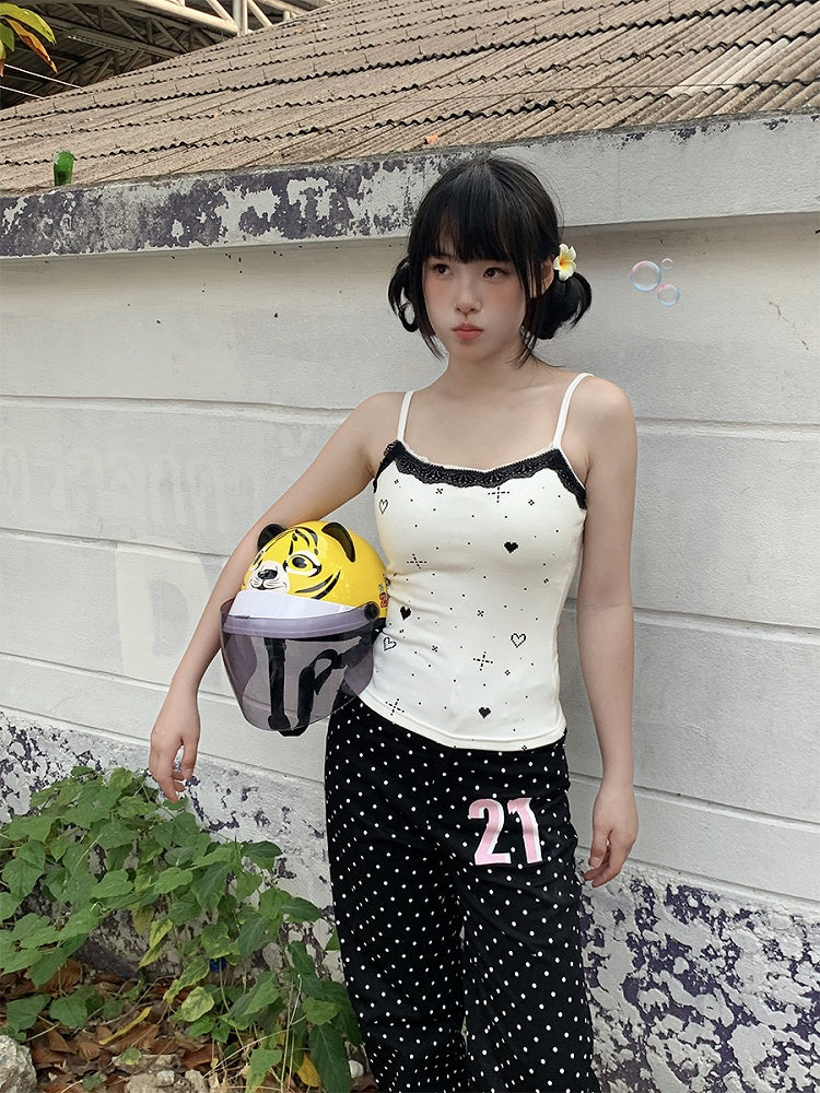 Number Wide-leg Dot with Black Pants Polka Print and