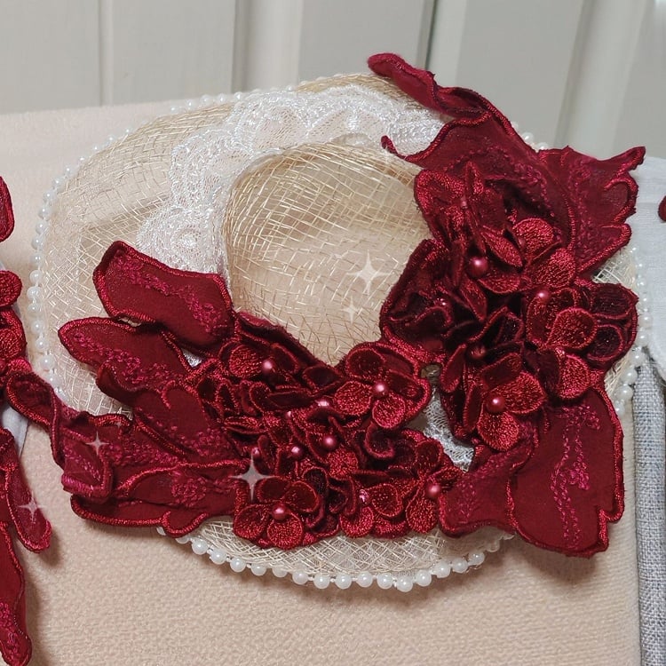 Hat Flower Straw Pearl Clips Red Lolita With Mini Wine