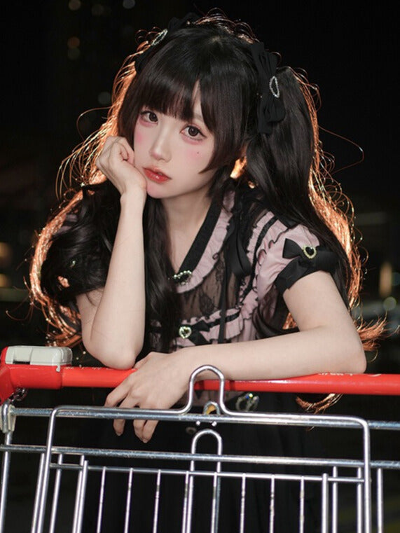 ジライケイ デコレーションハート 蝶結び ラインストーン ヘアクリップ ブラック/ピンク