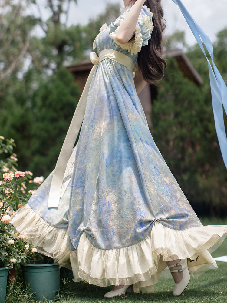 Stück Lolita Maxi One Kleid Taille Elegante Klassische Malerei Blau Empire Öldruck