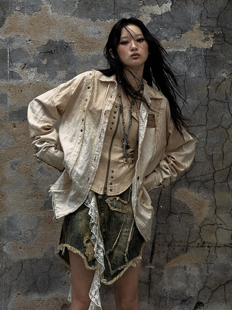 Distressed Shirt Cotton-linen Vintage Punk White