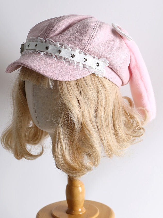 取り外し可能なウサギの耳が付いたピンクのスイートハートウィングベレー帽