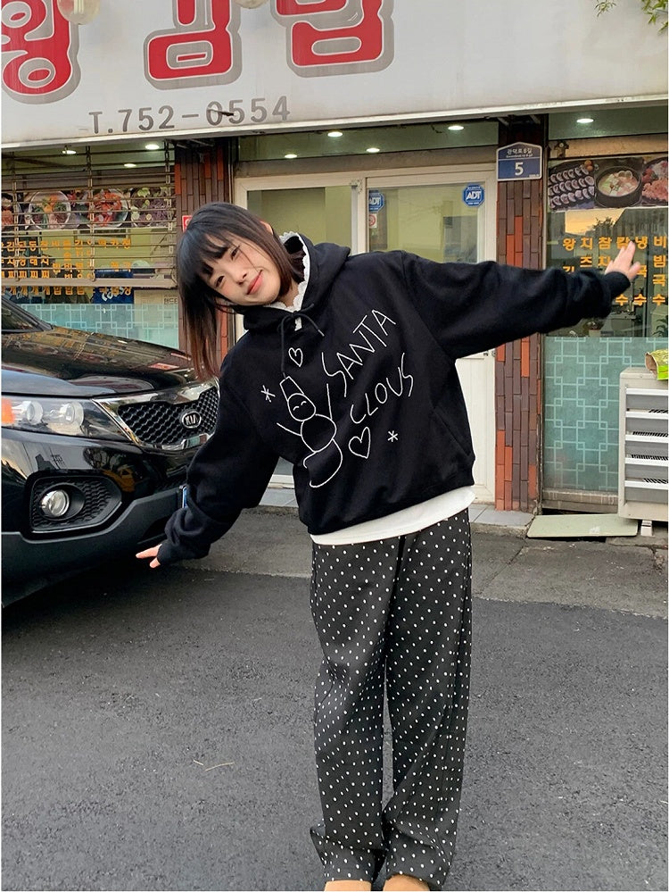 White / Snowman Hoodie Fleece-Lined with Black Bead Lace-Trimmed Hood and