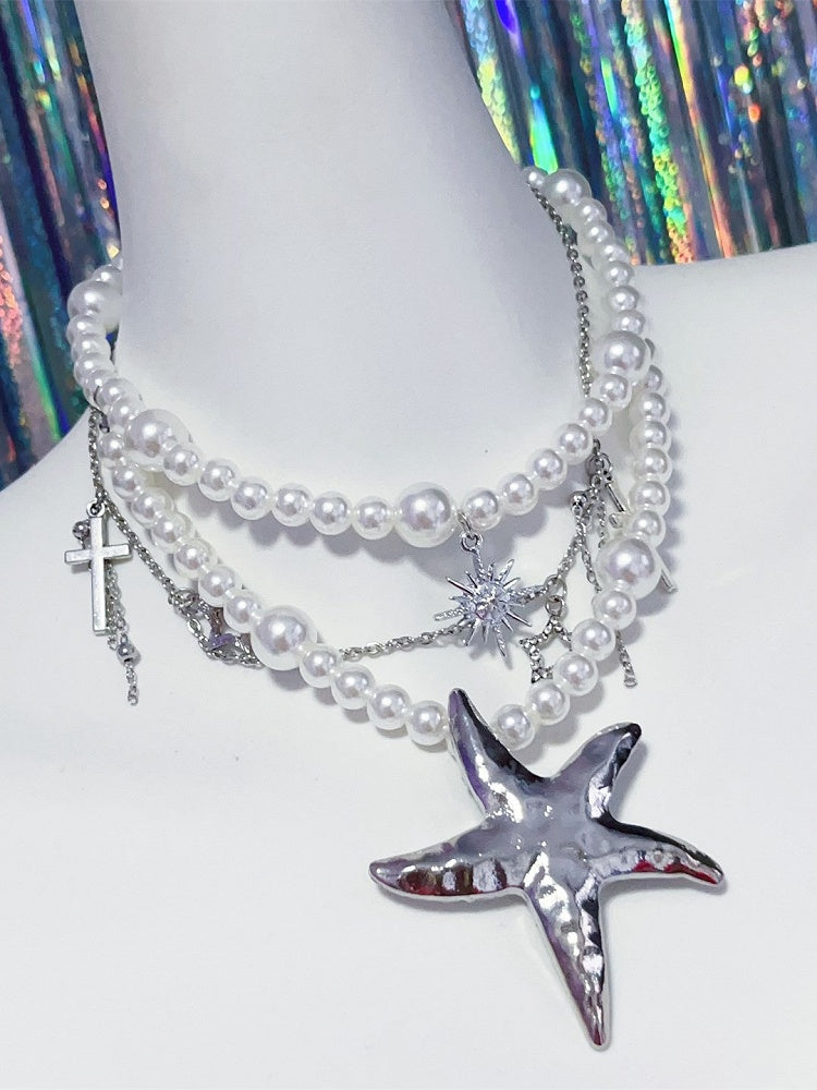 Cross Starfish And Chain Y2K Charms With Pearl Necklace Silver Meteor