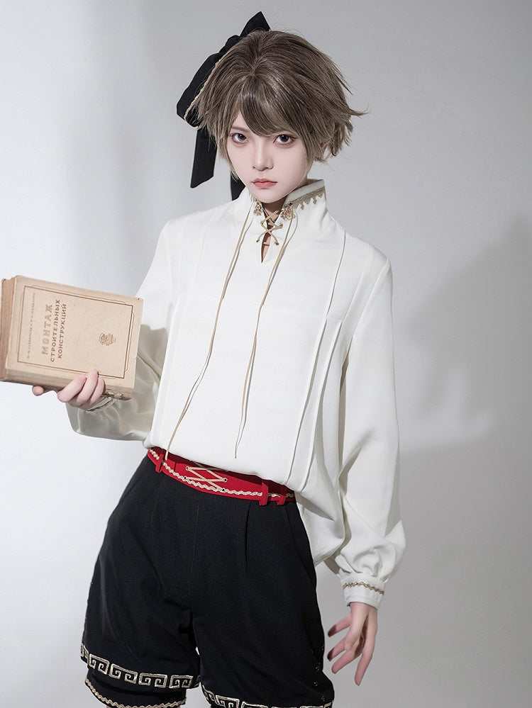 Chinoiserie Stand Ouji Shirt Lace-up Collar White