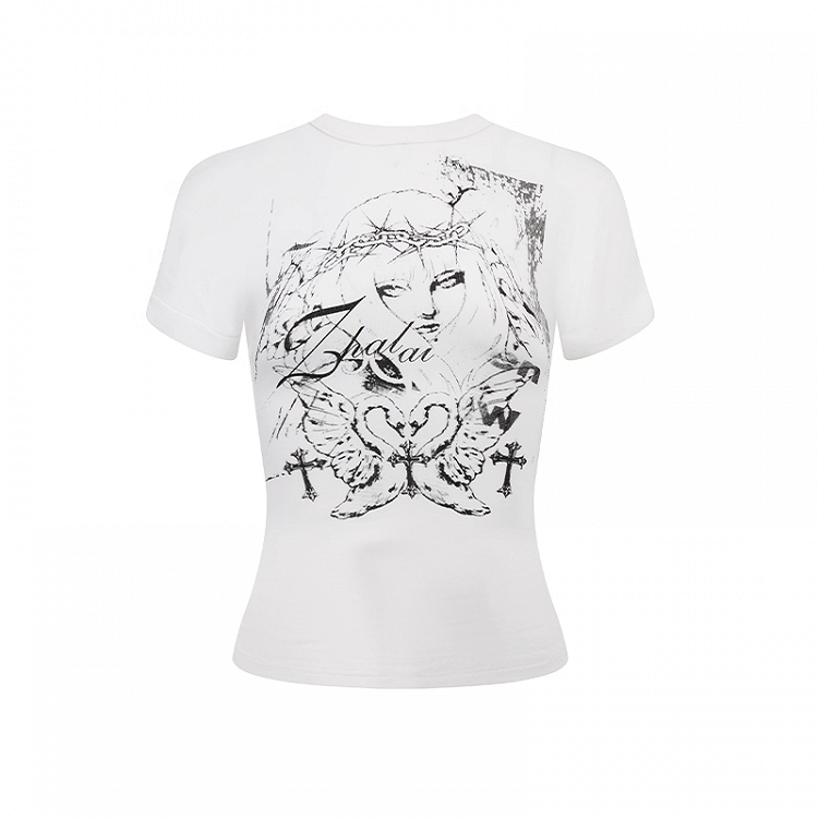 Slim-fitting Y2K Print Lace-up Back White/Black T-shirt
