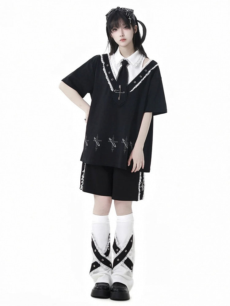 Lace Contrast Shorts Waist Trim Black Elastic Charms Cross