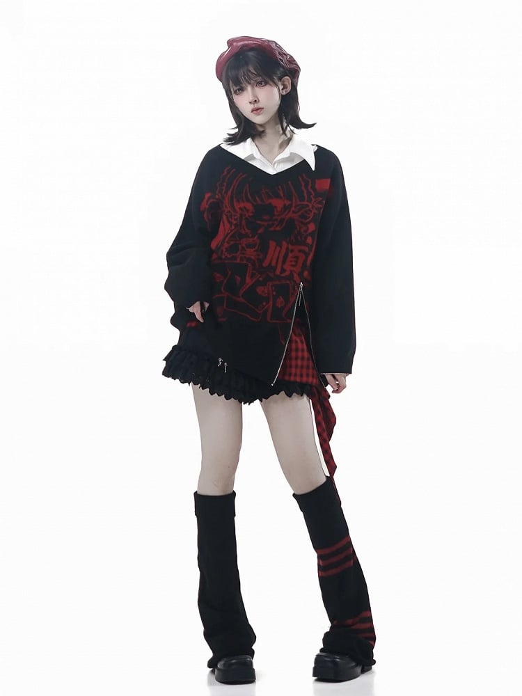 Pattern Zipper Hem Knit Sweater Girl New Loose-Fit Cartoon with Red/Black and Inspired Year