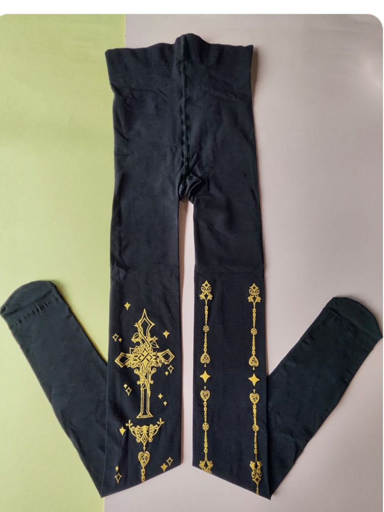 ゴシックロリータ ゴールドクロスプリント ブラックタイツ