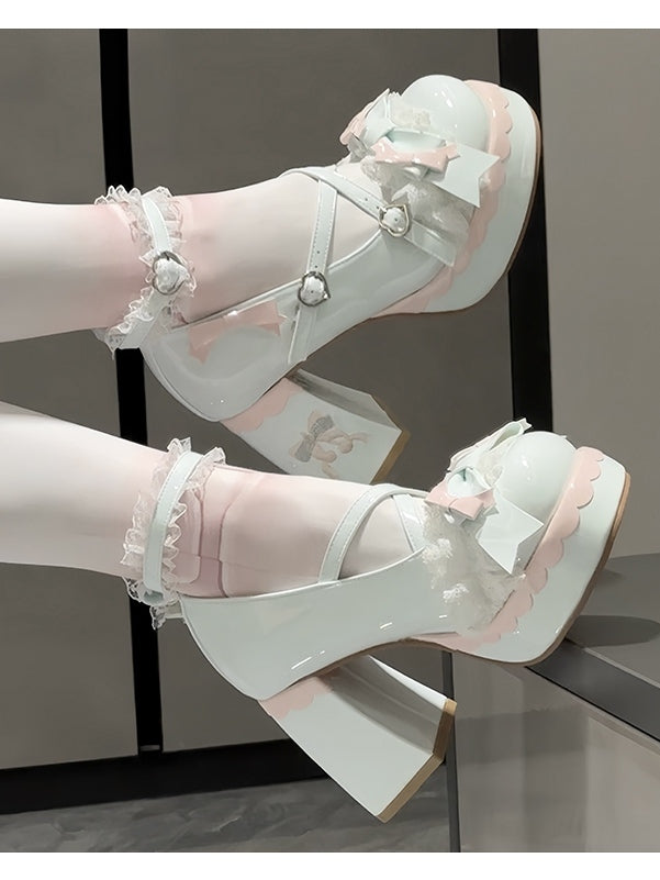 Crisscross High Toe Design Green Sweet Block Round Platform Mint - Heels