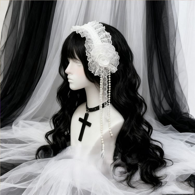Trim Design White Hairband Pearl Floral Lace Gothic