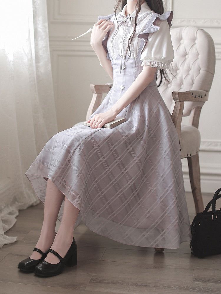 Purple Taro Long Plaid Overall with Version Flutter Sleeves Dress