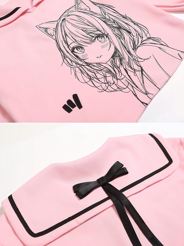 Ribbon and Girl Print Jirai Sweatshirt with Back Black/Pink Collar Bow Sailor - Kei Manga Style