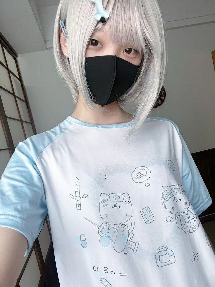 カイワイプリント ラウンドキティTシャツ 天使 ホワイトブルー ネック