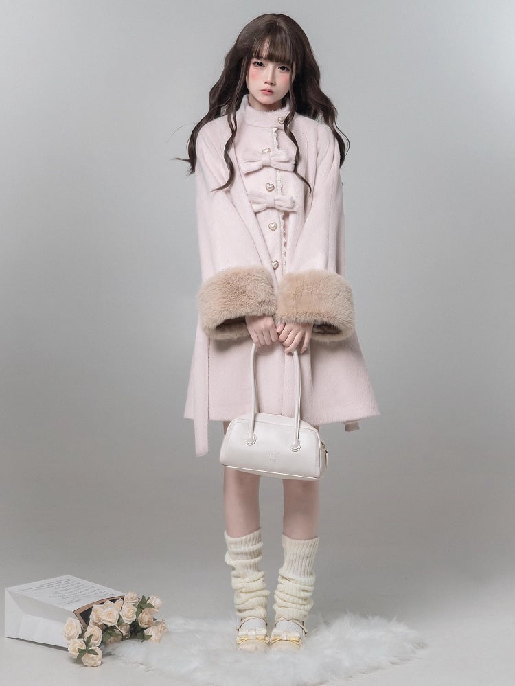 Jirai Pure-Style Button Heart Bowknot Wool Coat Decor Pink Kei