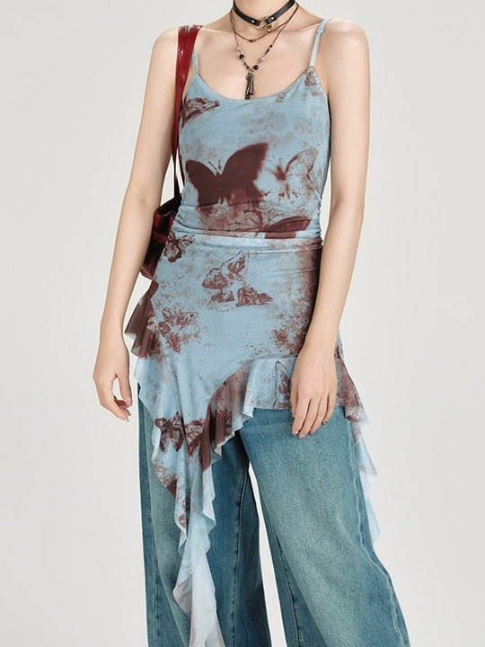 Retro Butterfly Print Summer Top with Cascading Ruffles - Girlyhalo