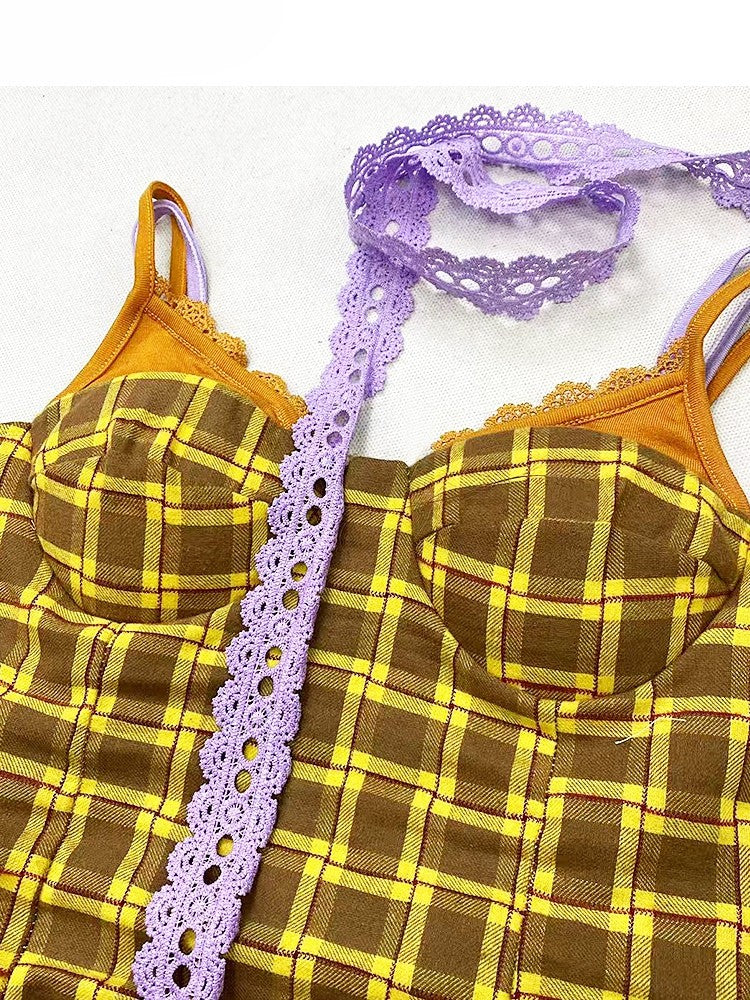 スカーフキャミトップパープルチェック柄Y2Kイエロー