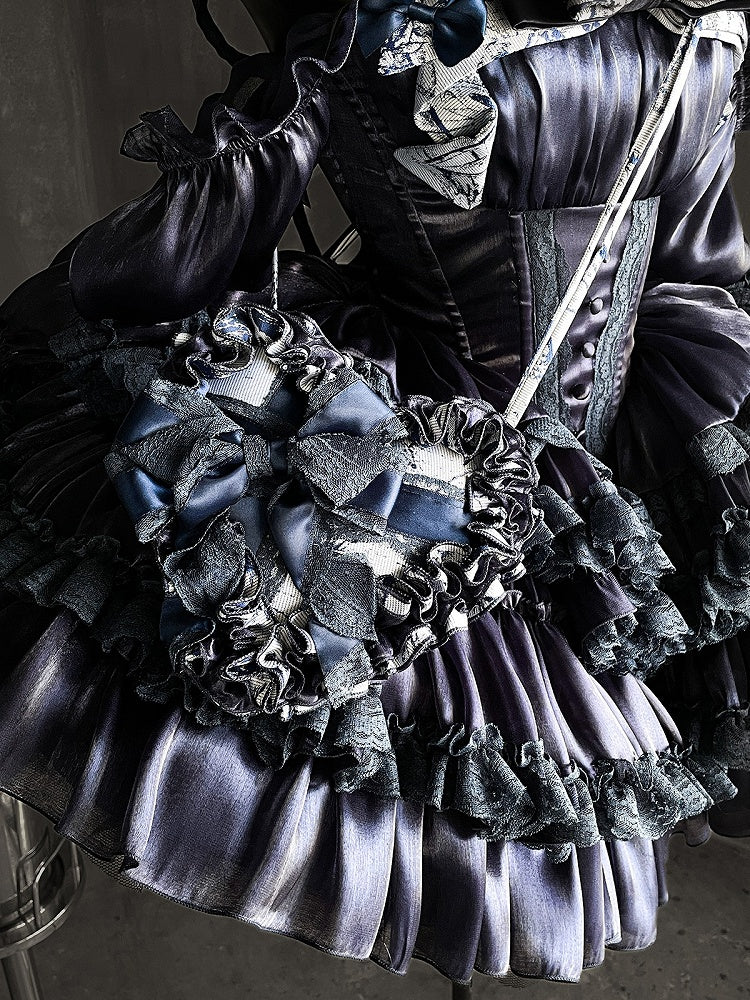 Tiered Dark Princess Accents Dress Blue with Balletcore Lace Basque Waist