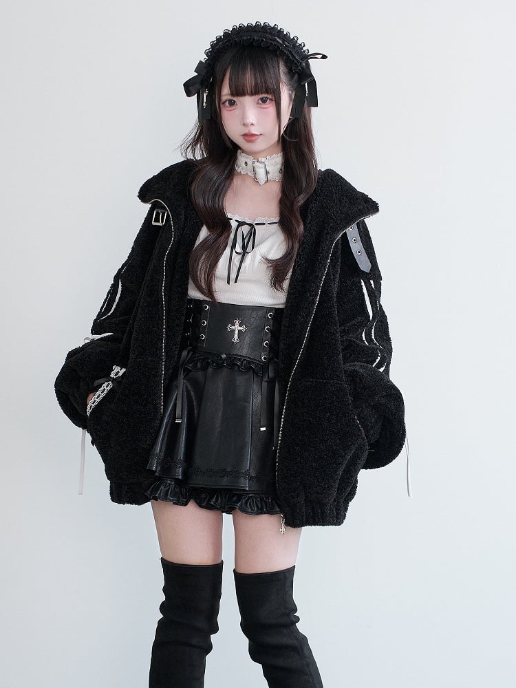 Hooded Black Fleece Ear Decor Buckle Leather Kei Bunny Coat Bow Jirai