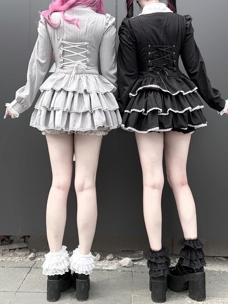 Gray Striped Ryousangata Two-Piece Set with Tiered Ruffle Dress, Bows, Lace & Bloomers - Virtual Paradise