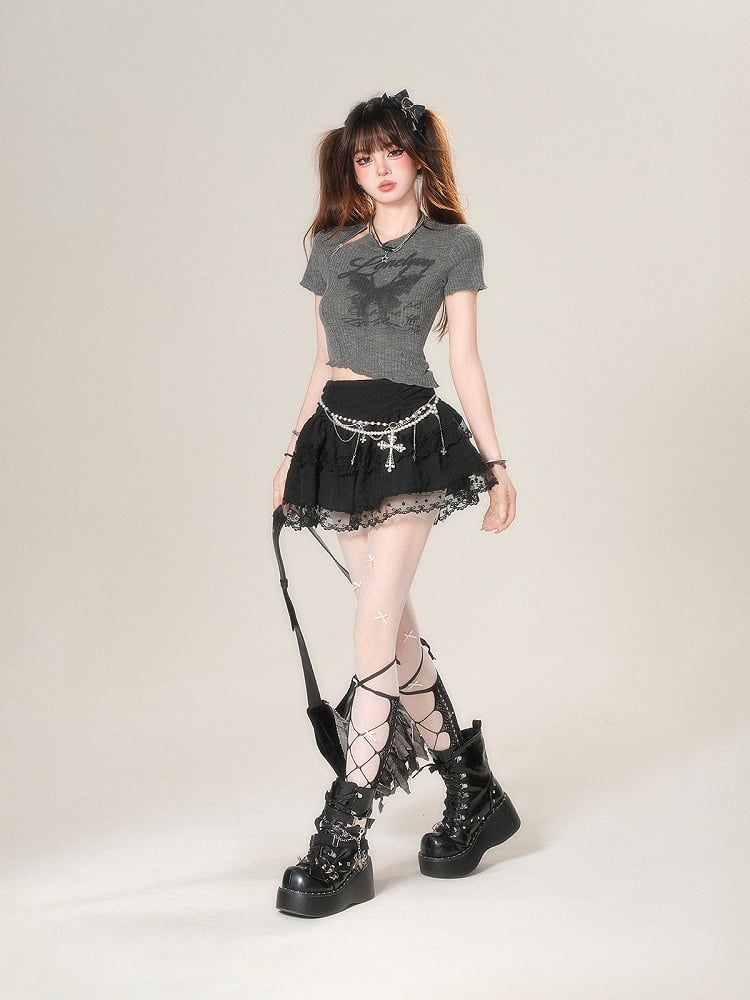 Letter Print Glamourous T-Shirt - Gray Bittersweet Crop Dark Butterfly