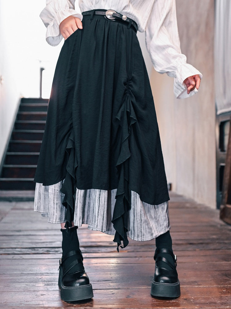 Cascading Hem Cheongsam Black Ruched with Ruffles Skirt Gothic Contrast