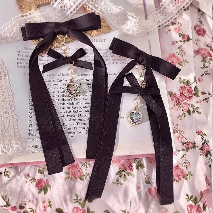 Bow Rhinestone Pendant with Heart Black/Pink Hairclip
