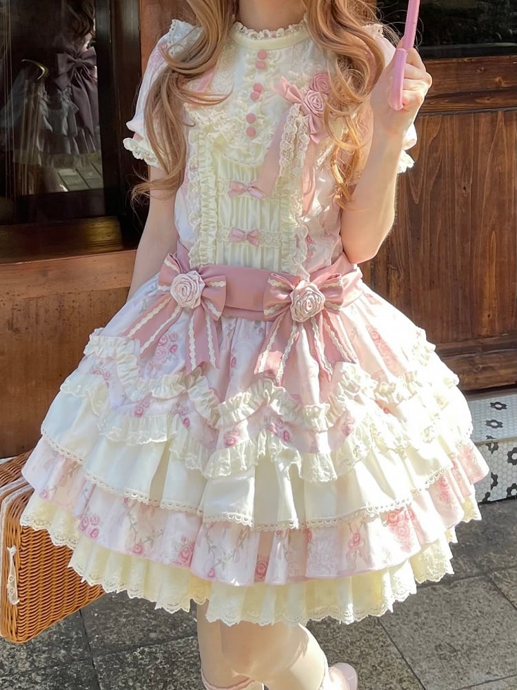 Pink Floral OP Dress with Bow and Lace Accents - Sweet Dream Box