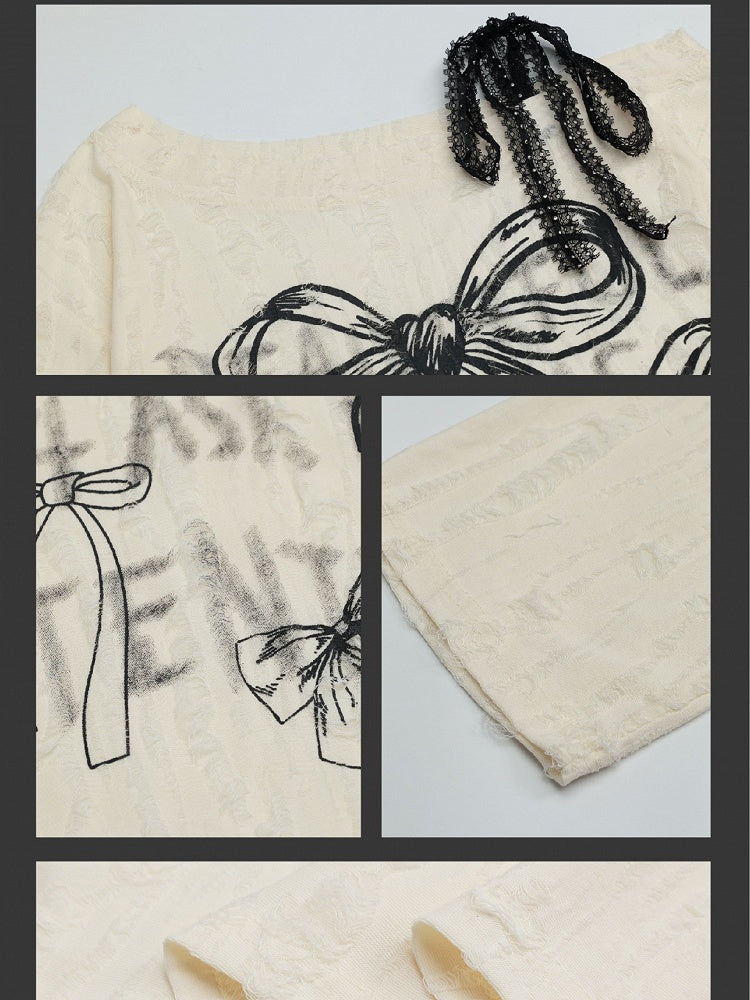 グレー/ミルクホワイト ボウコント アシンメトリーネックライン トップス