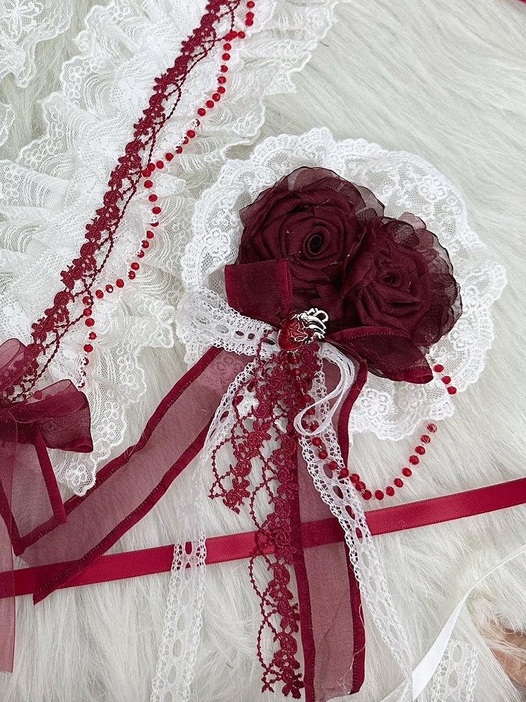 Beads Trim Hairclip/Brooch Bow Lace Rose Red With Gothic Lolita