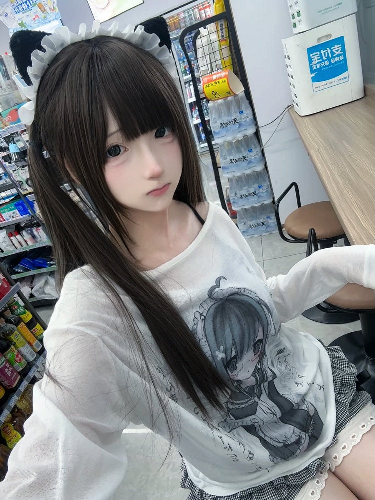 Print Semi-Sheer Cartoon Top White with Loose