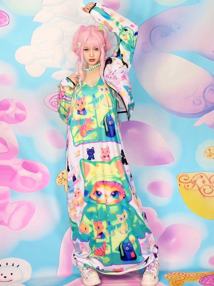 Y2K Print Cat Cami Colorful Dress
