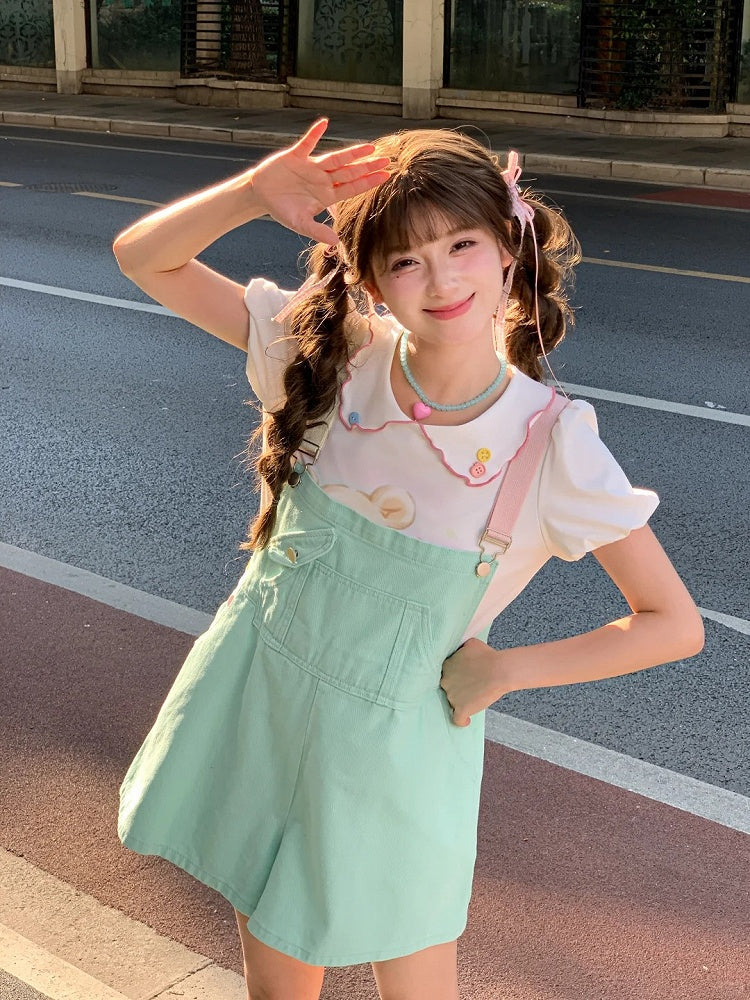 Denim Overall Shorts Grün Candy Farbe Pink/Mint