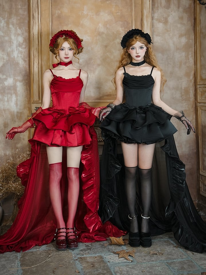 Elegant Lolita Jumper Skirt Full Set with Boned Basque Waist and Cowl Neckline in Red - With PUJI