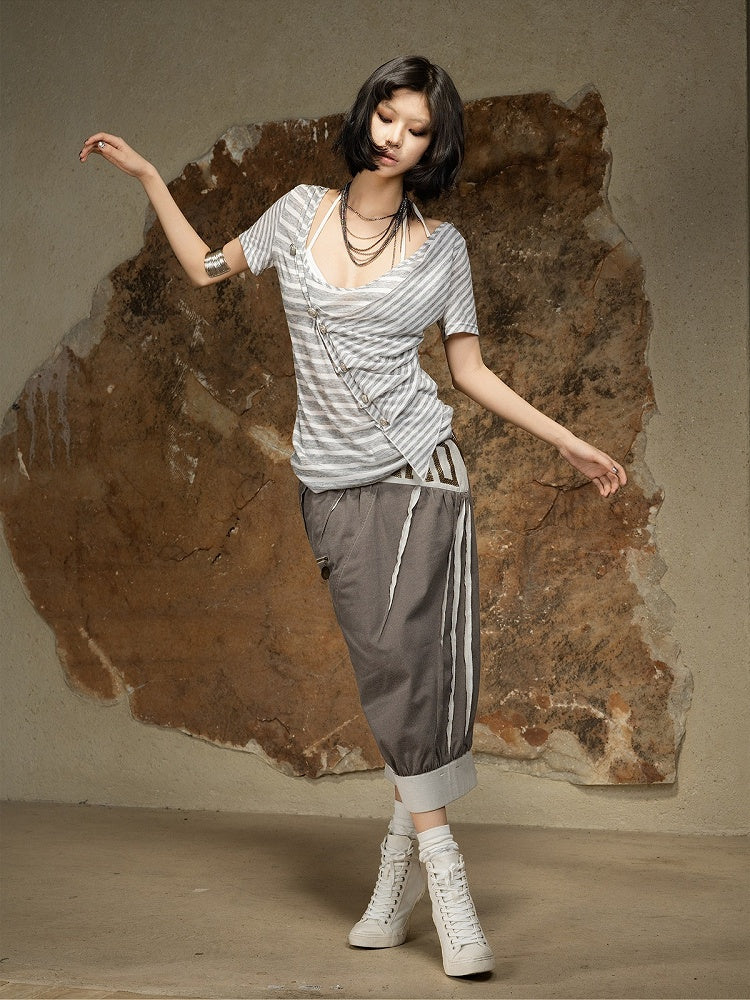 Vintage Punk White and Gray Striped Cowl Neck Short Sleeve Top with Asymmetrical Design - ARIADNAw