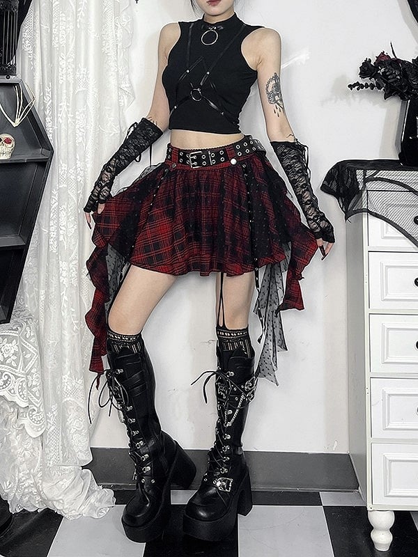 Dot Black Cascading Plaid Tulle Skirt with Punk Polka Ruffles Halloween Red