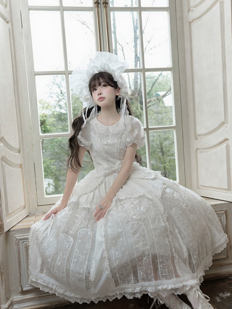 Classic Ivory Puff-Sleeve OP Gown with Sash & Lace Accents - Sleepless Unanswered