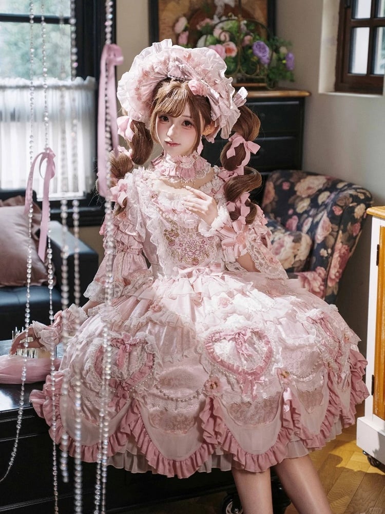 Embroidery Details Light Bead Pink Floral Hanayome Rosette Lolita and Dress Chain