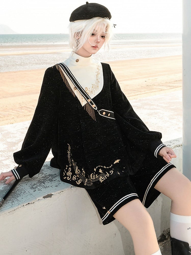 Schwarze Ouji-Shorts mit glitzernder Waffelstruktur