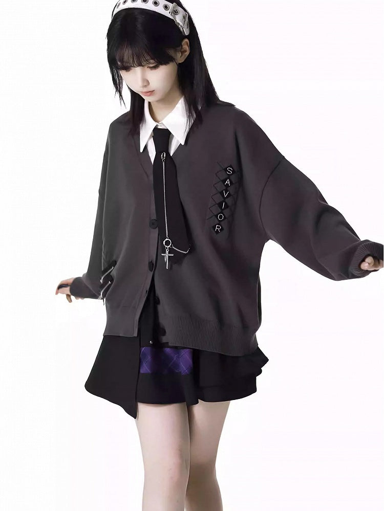 Skort Purple Buckle Strap Design Black Plaid Patchwork