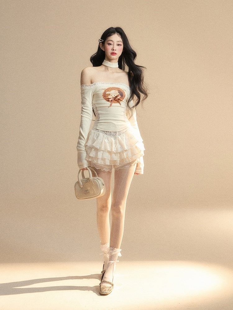 Lamm Print Taille Glamouröse Top Patches Apricot Off-the-Shoulder Spitzenausschnitt