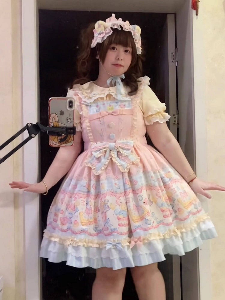 JSK Sweet Hairclips Short-Sleeve Macaron Dress Bow + Color with and Blouse Set Print Ruffle Details Lolita Back Hairband Full Cake