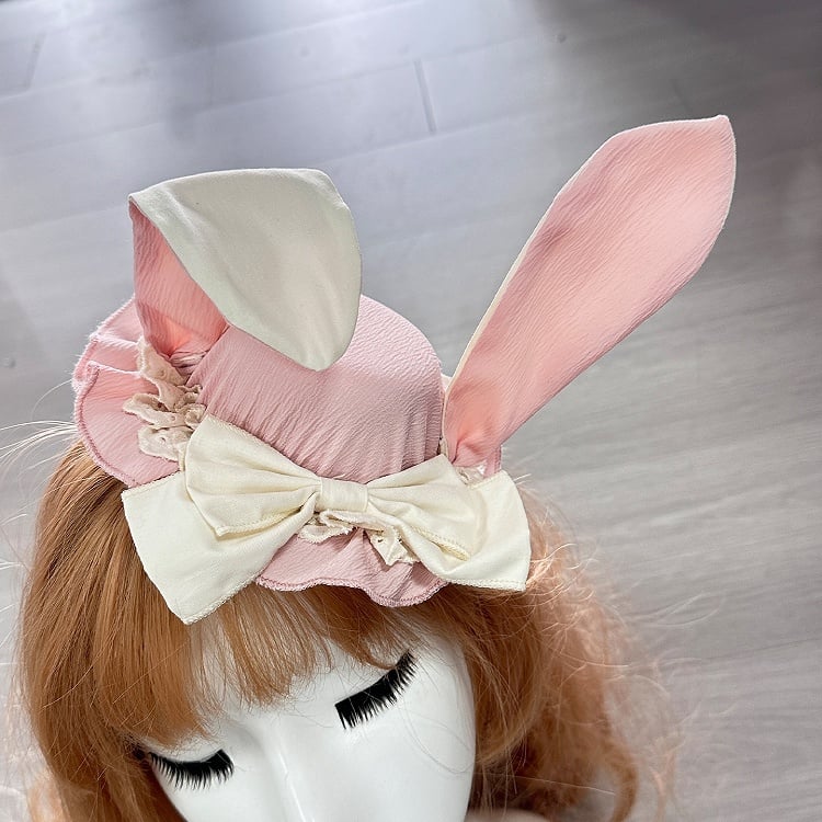 Bunny Green/Black/Pink with Mint Mini Bow Accent Hat Lolita Ear