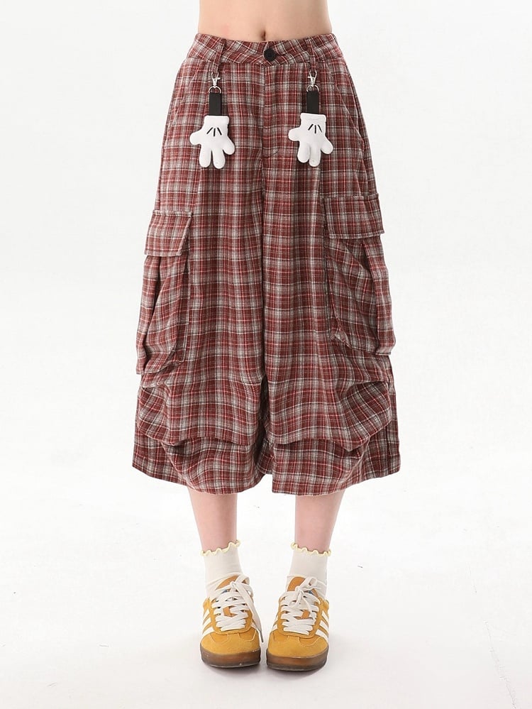 Puppet Capris Hand Red Plaid Pocket Charm Cargo with